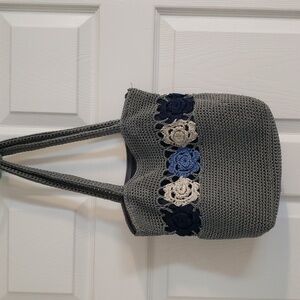 Elegant Gray and Blue Crochet Tote Bag